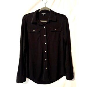 LAUREN RALPH LAUREN Black Label Gold Button Roll-Tab Shirt Women's sz L $125 EUC